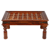 Mogra Antique Brass Work Coffee Table With Brass Work And Glass Top